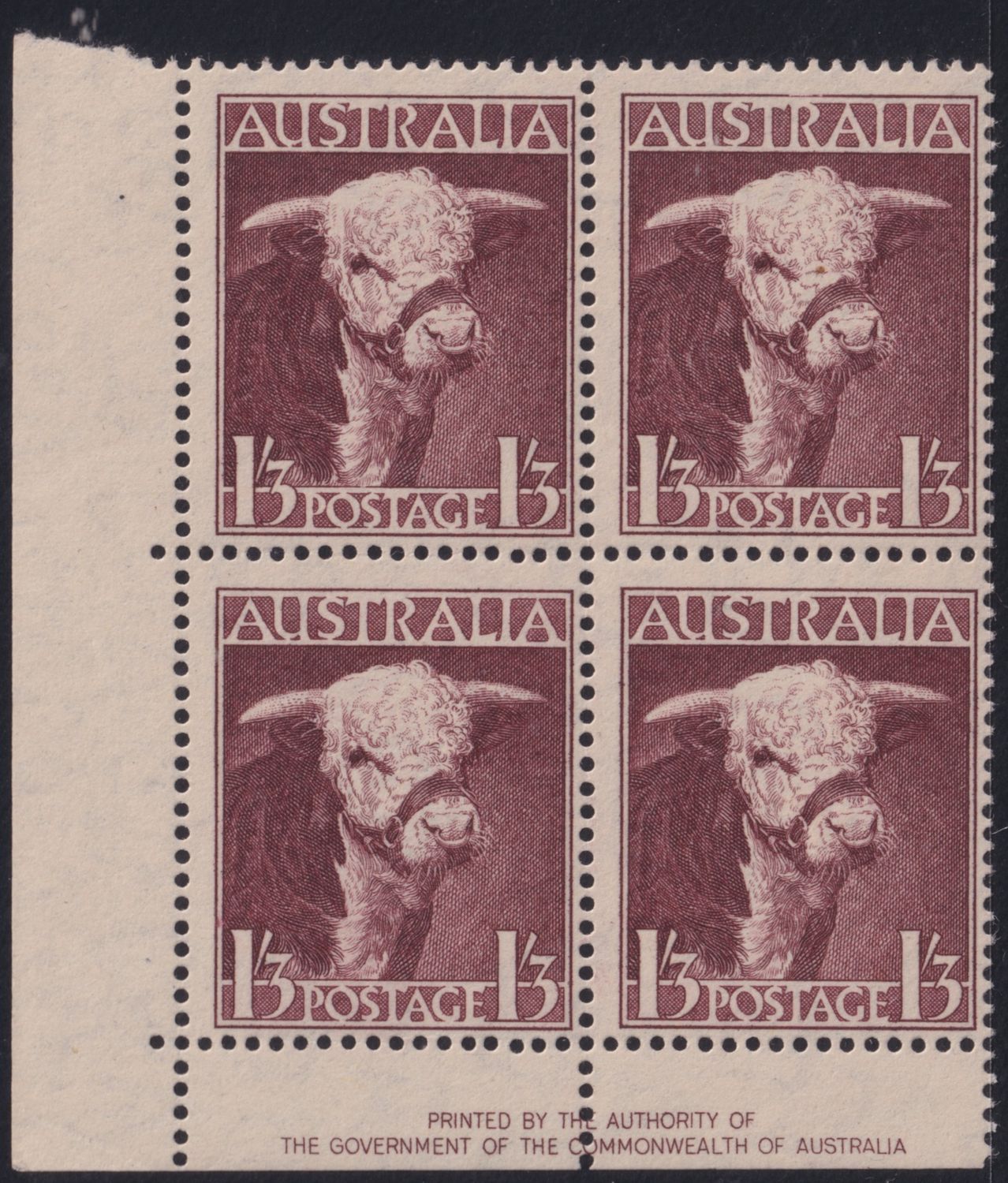 Australia 1948 1/3d Hereford Bull Imprint Block of Four (B)