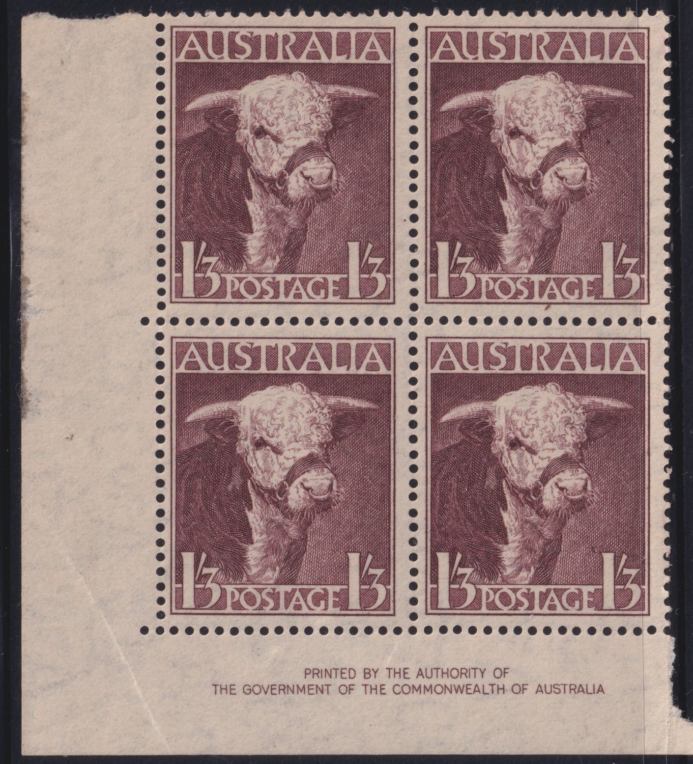 Australia 1948 1/3d Hereford Bull Imprint Block of Four (C)