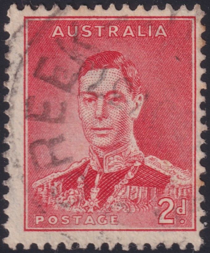 Australia 1937 2d Scarlet with Weak Entry Under Postage