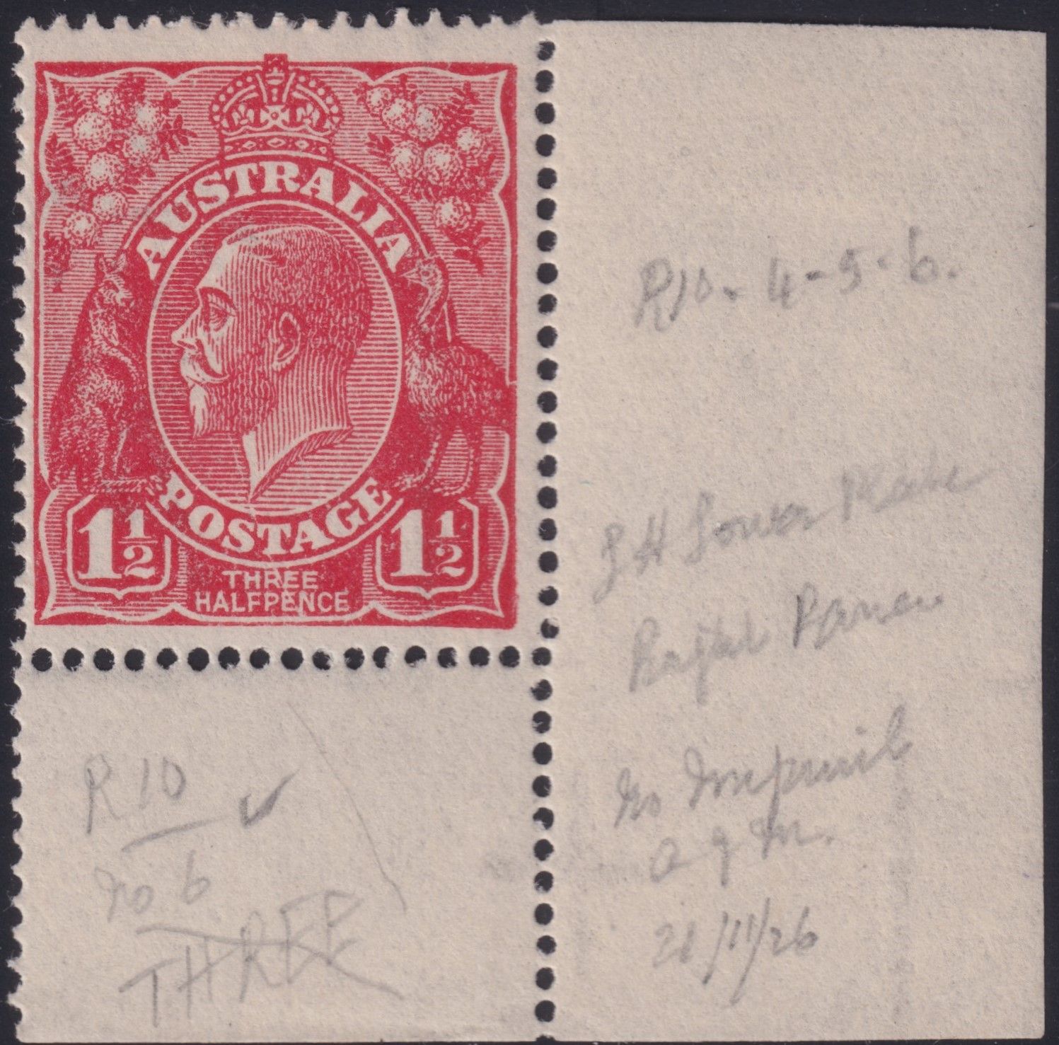 Australia 1926 1½d Scarlet with Line From Beard to Bottom Frame
