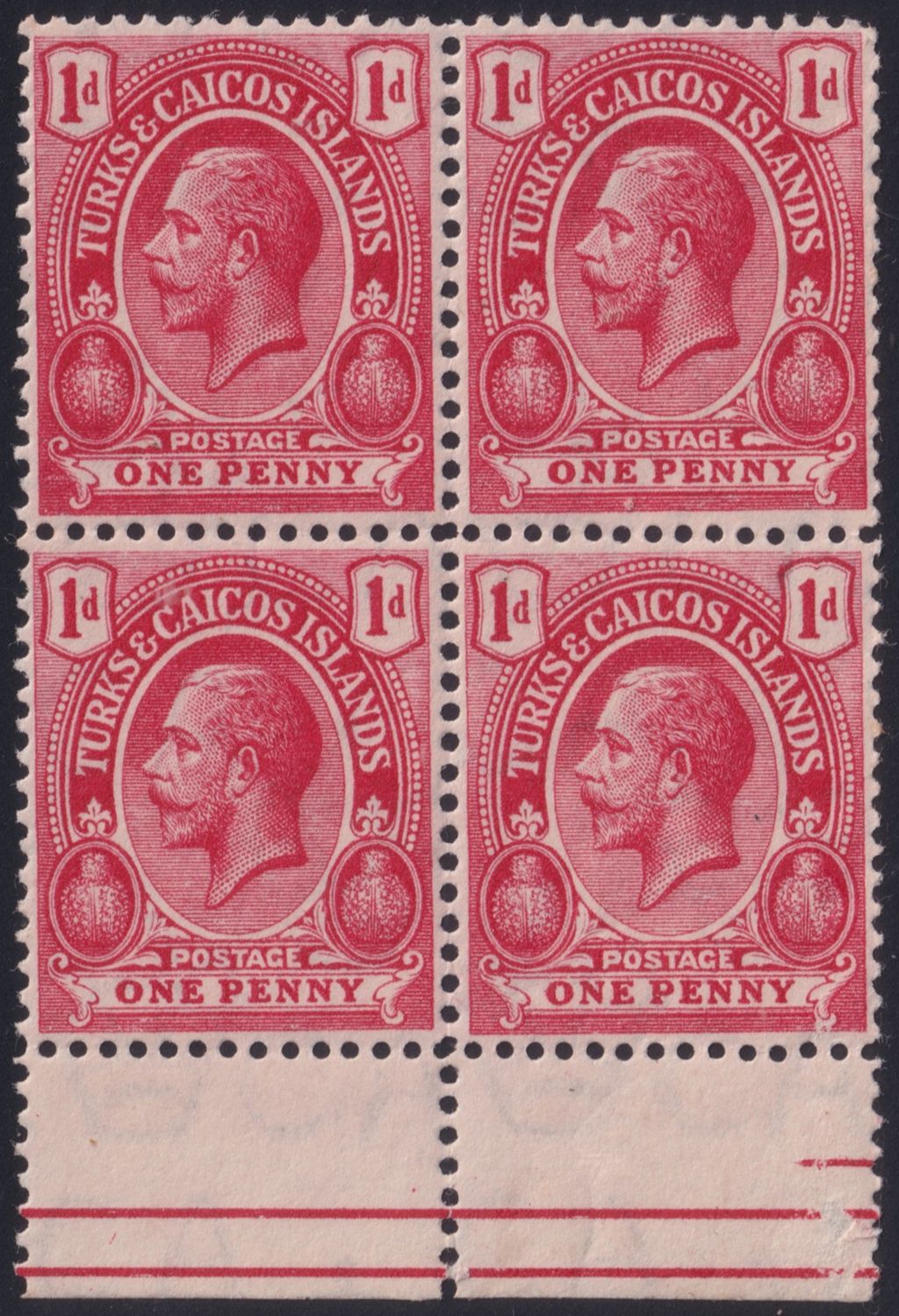 Turks and Caicos Islands 1913 1d Red Block of 4