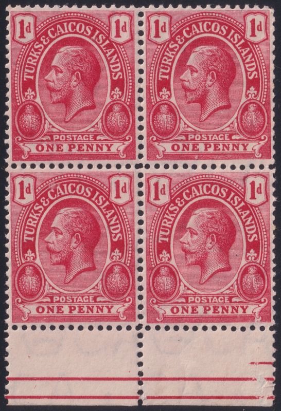 Turks and Caicos Islands 1913 1d Red Block of 4