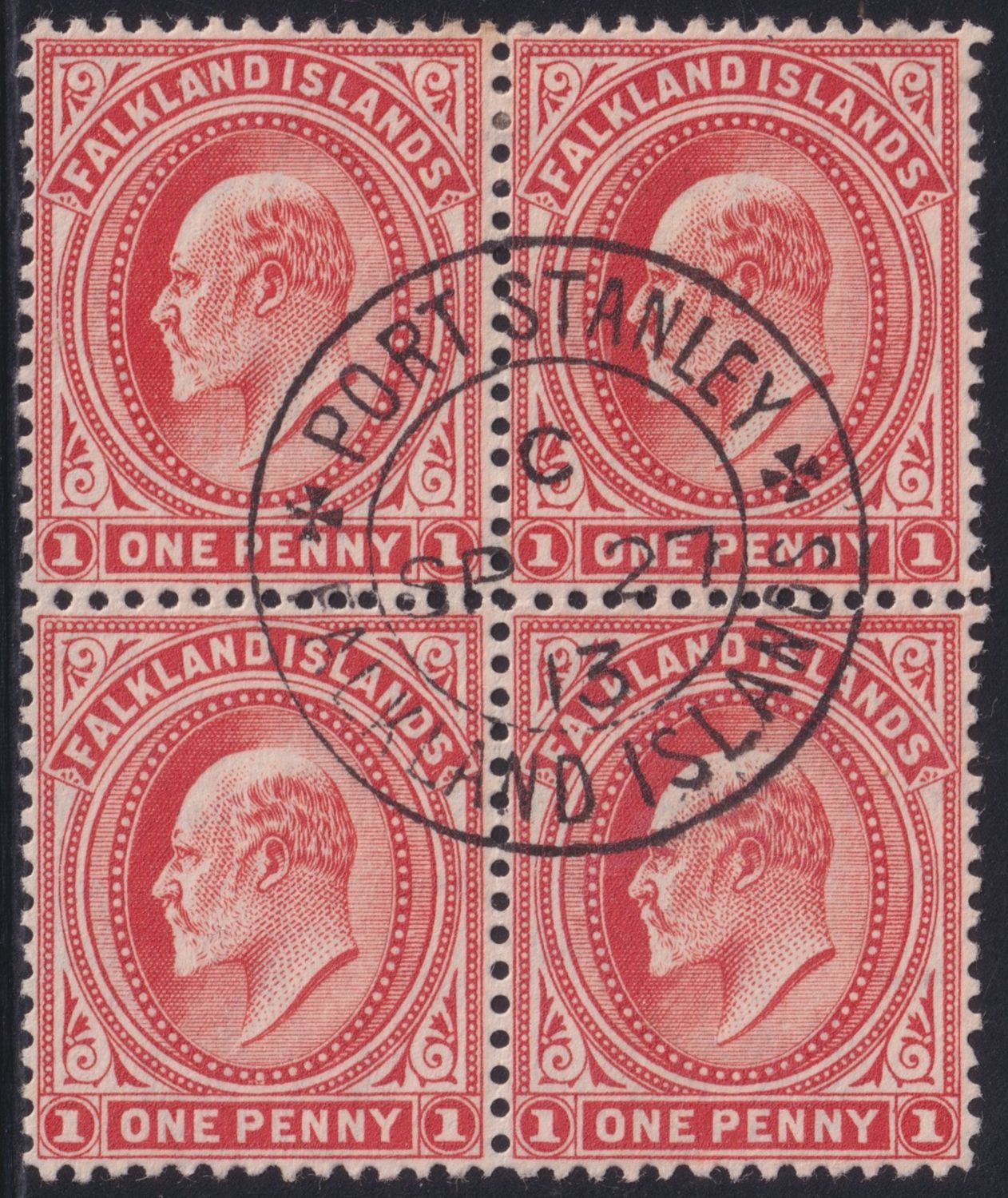 Falkland Islands 1911 1d Orange-Vermilion Block of 4