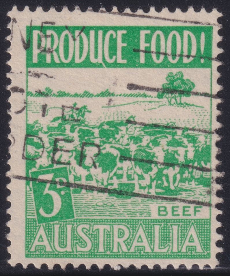 Australia 1953 3d Green Beef with Flaw on U of PRODUCE