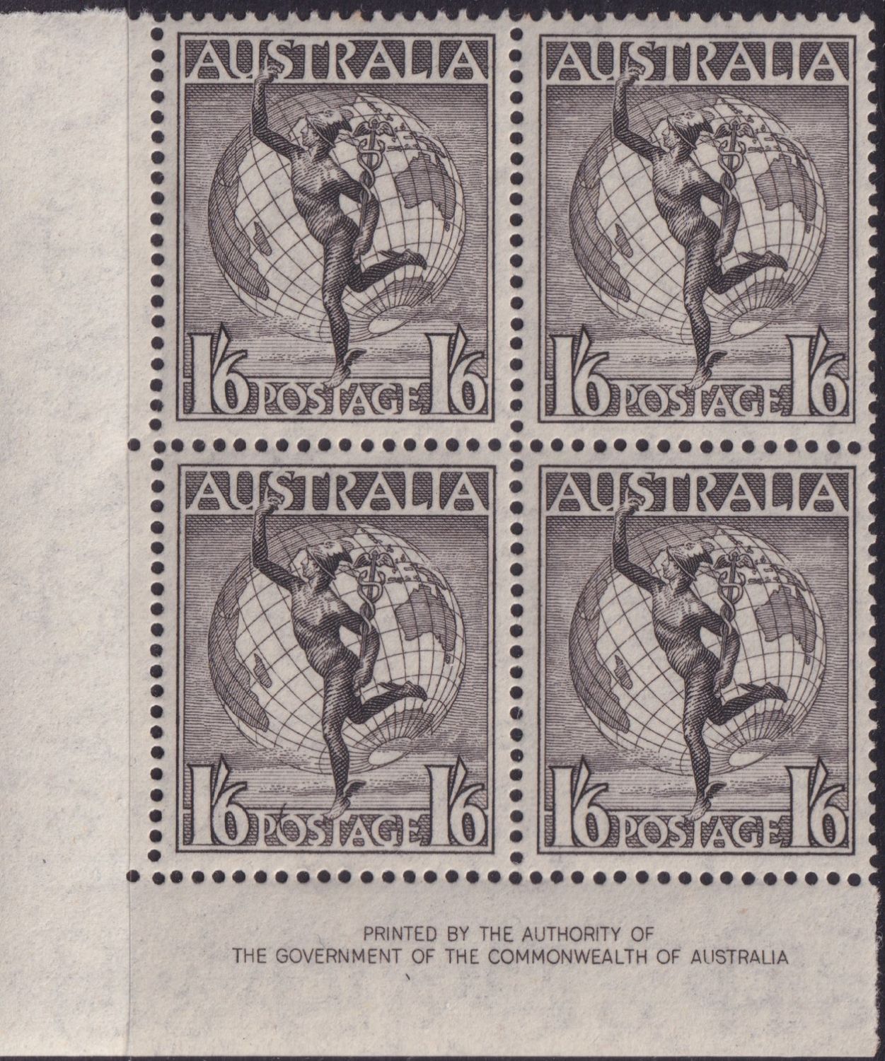 Australia 1949 1/6d Hermes Imprint Block of 4
