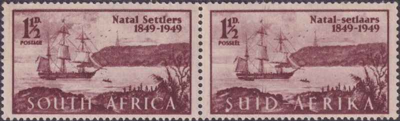 South Africa 1949 1½d Natal Settlers Pair with Spot on S of SUID