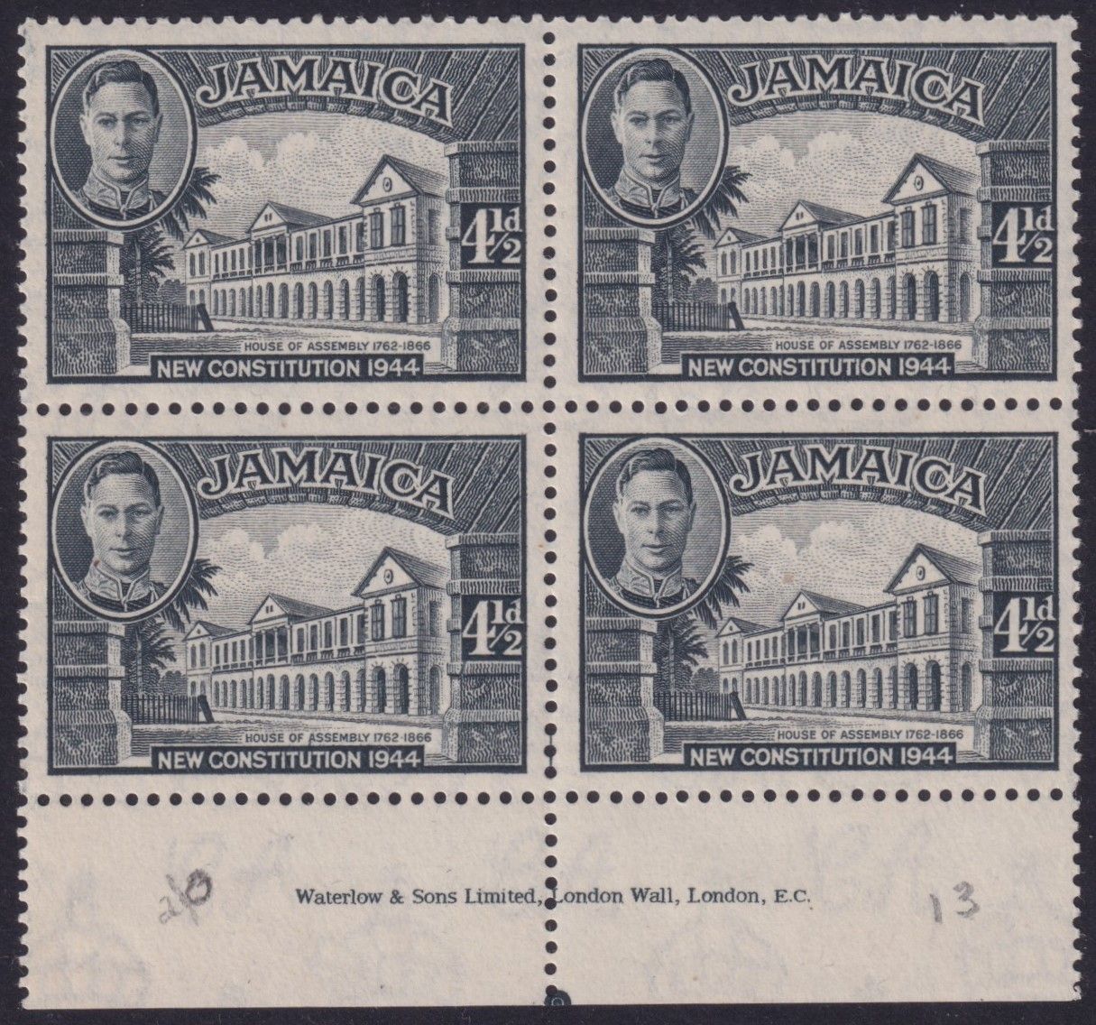 Jamaica 1946 4½d House of Assembly p13 Imprint Block