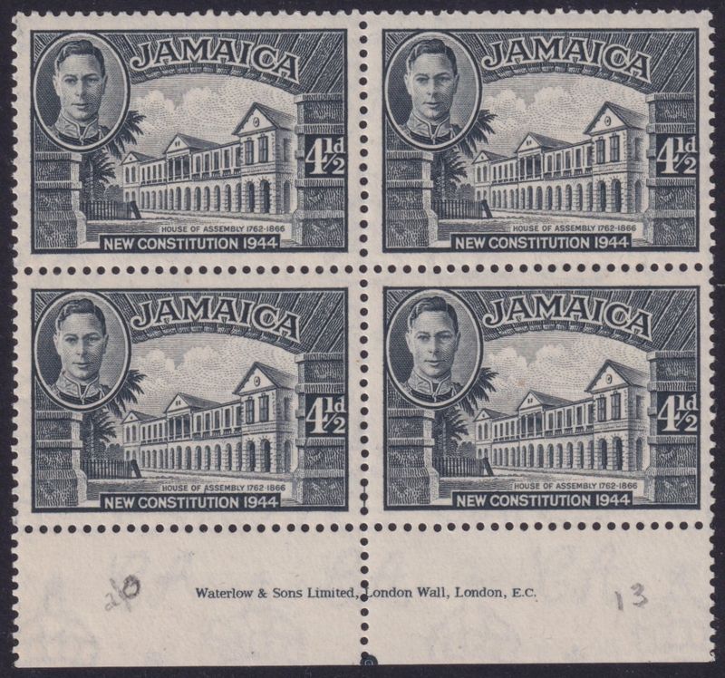 Jamaica 1946 4½d House of Assembly p13 Imprint Block
