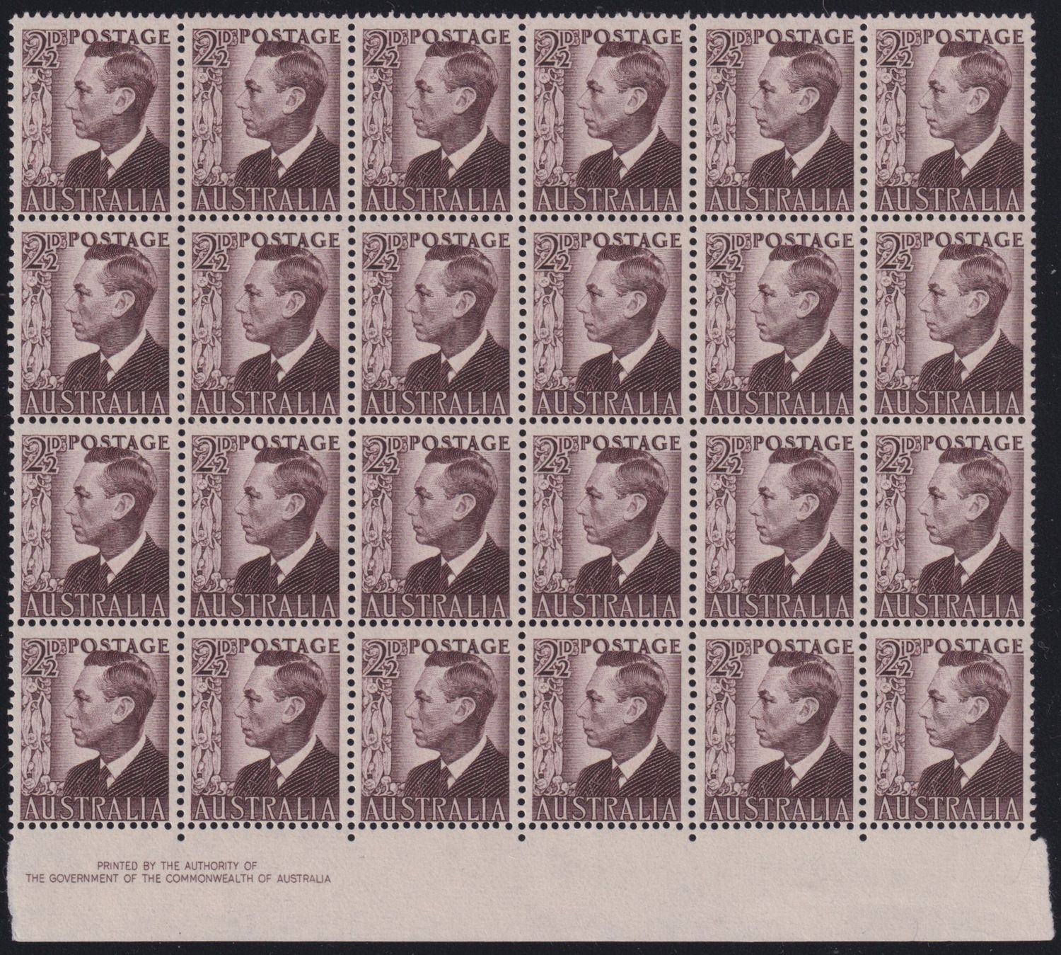 Australia 1951 2½d Purple-Brown Imprint Block of 24