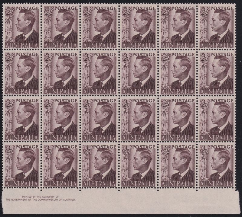 Australia 1951 2½d Purple-Brown Imprint Block of 24