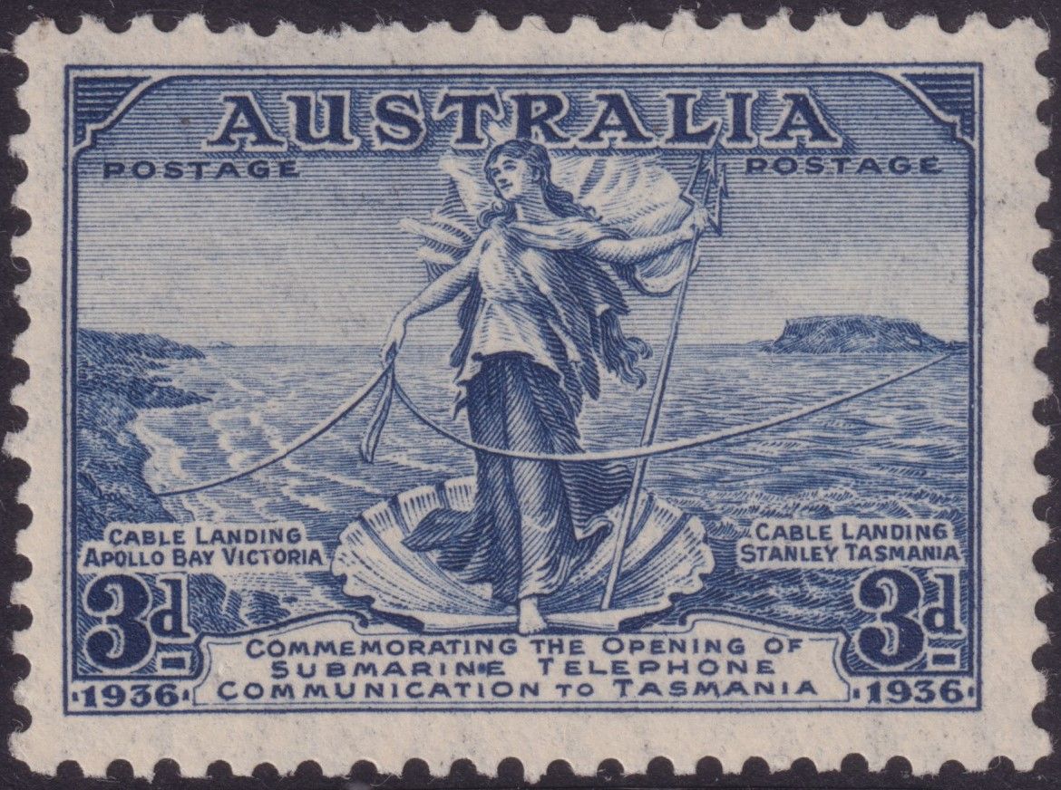 Australia 1936 3d Blue Cable with Colour Spot Between N and E