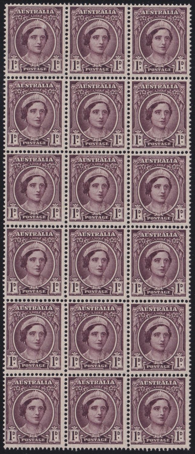 Australia 1943 1d Brown-Purple Block of 18