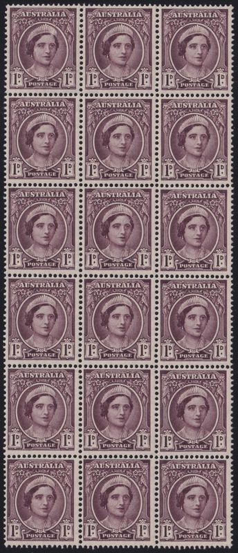 Australia 1943 1d Brown-Purple Block of 18