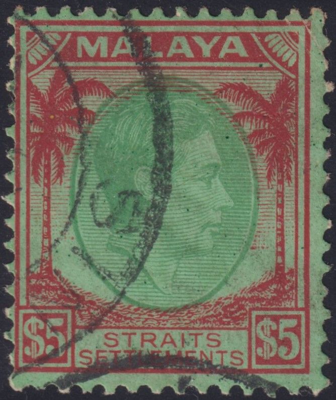 Straits Settlements 1938 $5 Green and Red on Emerald