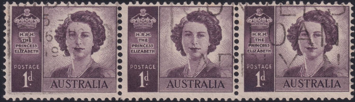 Australia 1950 1d Princess Elizabeth Coil Strip of 3