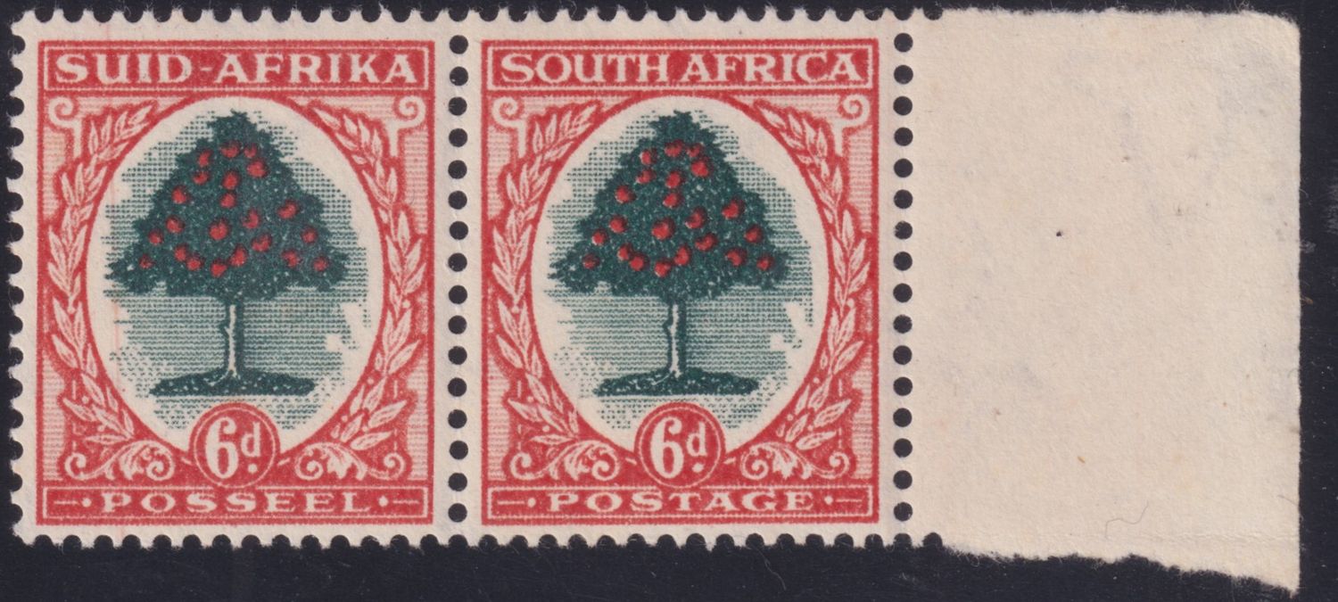 South Africa 1951 6d Green and Brown Orange Pair with Doctor Blade Flaw