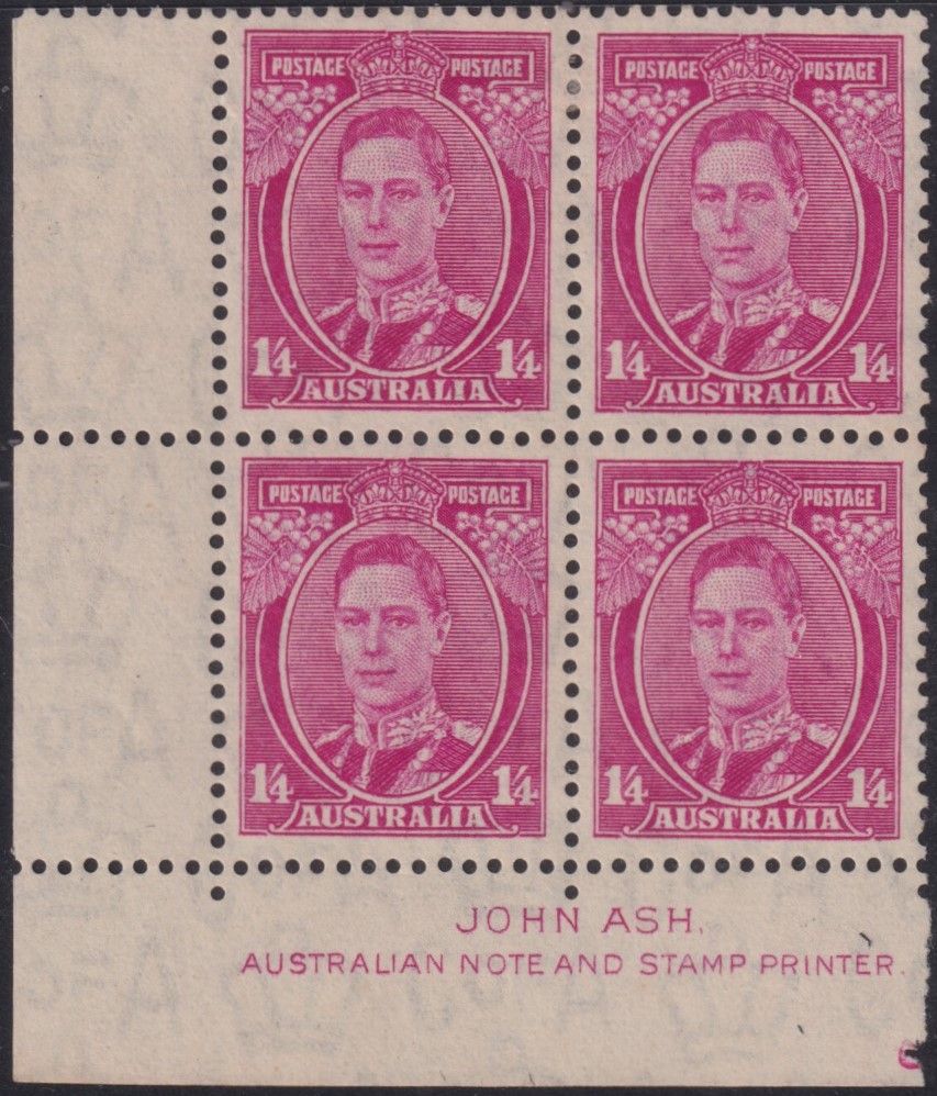 Australia 1938 1/4d Pale Magenta Imprint Block with Flaw on First A of AUSTRALIA