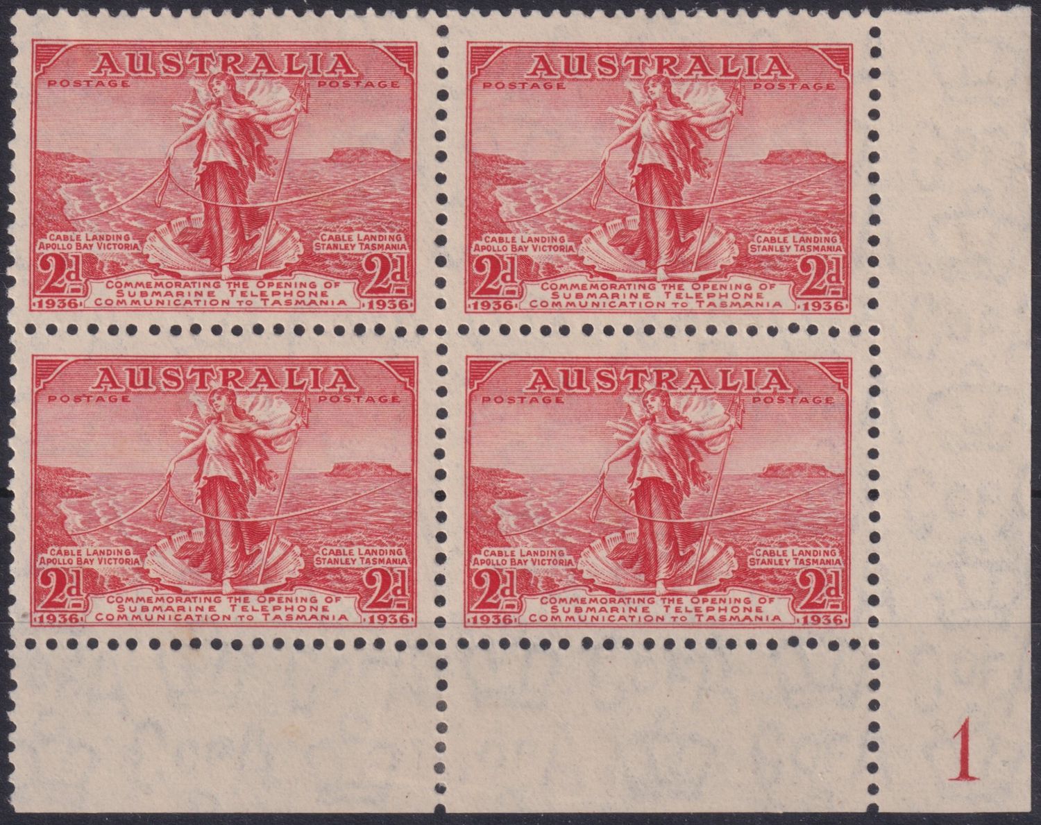 Australia 1936 2d Cable Plate Block of Four with Flaw by Headland