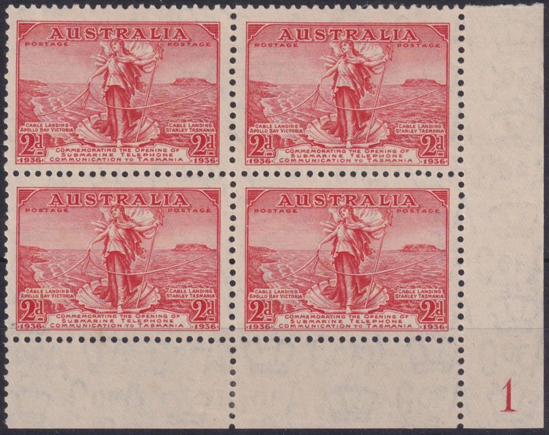 Australia 1936 2d Cable Plate Block of Four with Flaw by Headland