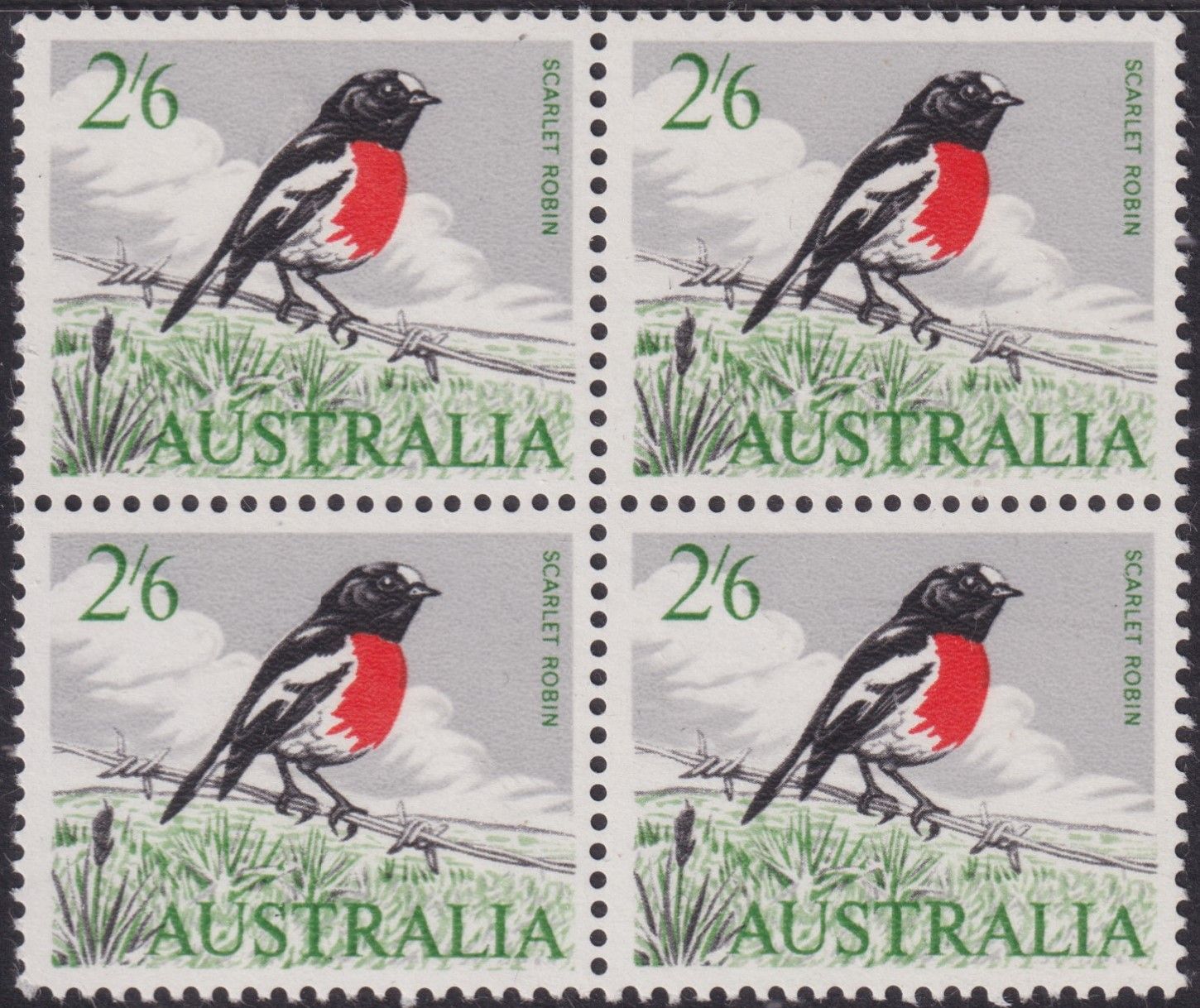 Australia 1965 2/6d Scarlet Robin block Four with Line Under USTR