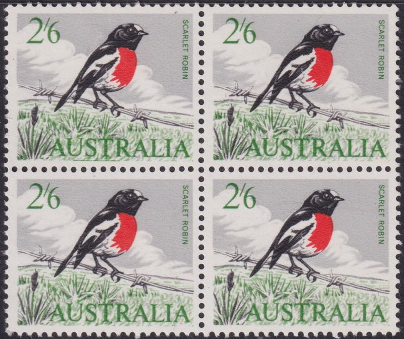 Australia 1965 2/6d Scarlet Robin block Four with Line Under USTR