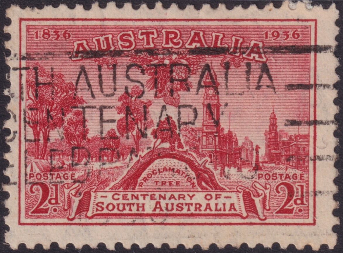 Australia 1936 2d Centenary of South Australia with Smoking Chimney Flaw