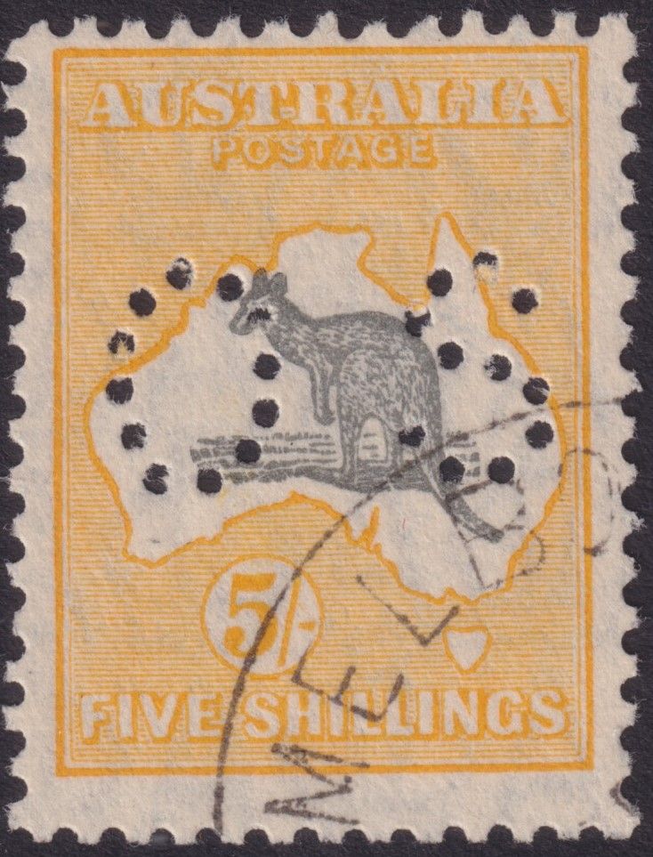 Australia 1929 5/- Grey and Yellow Kangaroo Perf OS