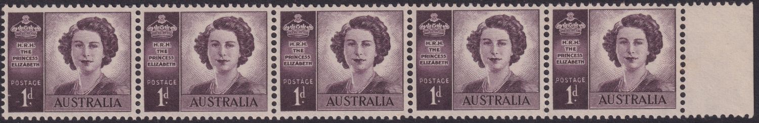 Australia 1948 1d Purple Coil Strip of Five