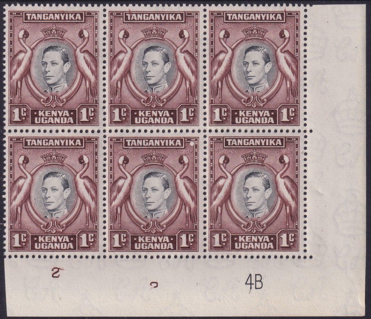 KUT 1938 1c Plate Block of Six with Tadpole Flaw