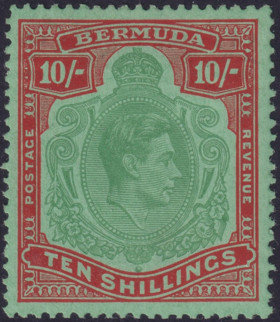 Bermuda 1951 10/- Green and Dull Red /green