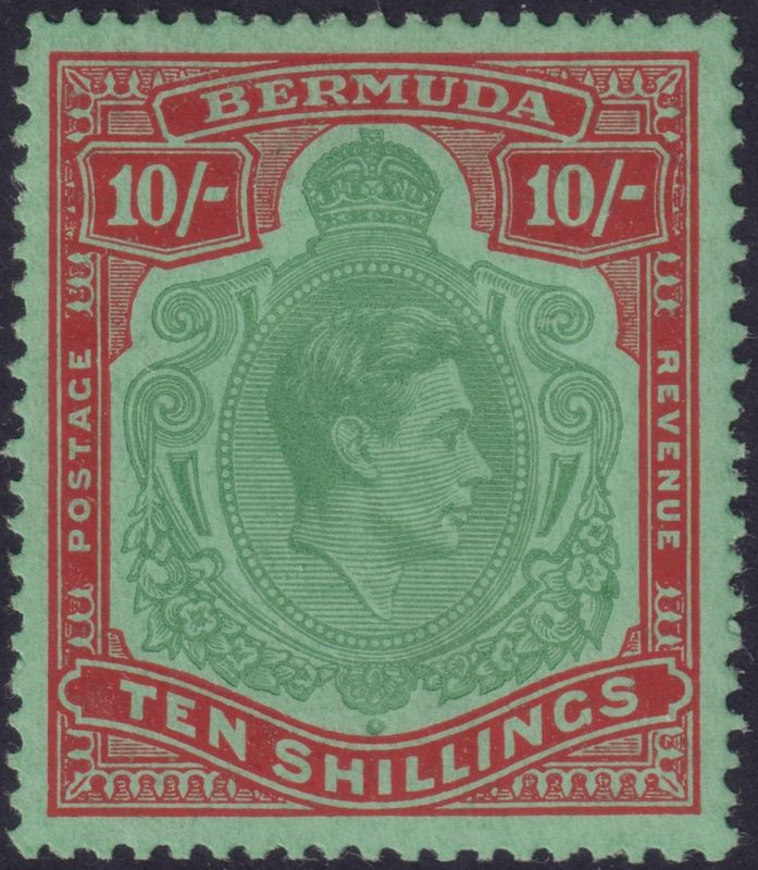 Bermuda 1951 10/- Green and Dull Red /green