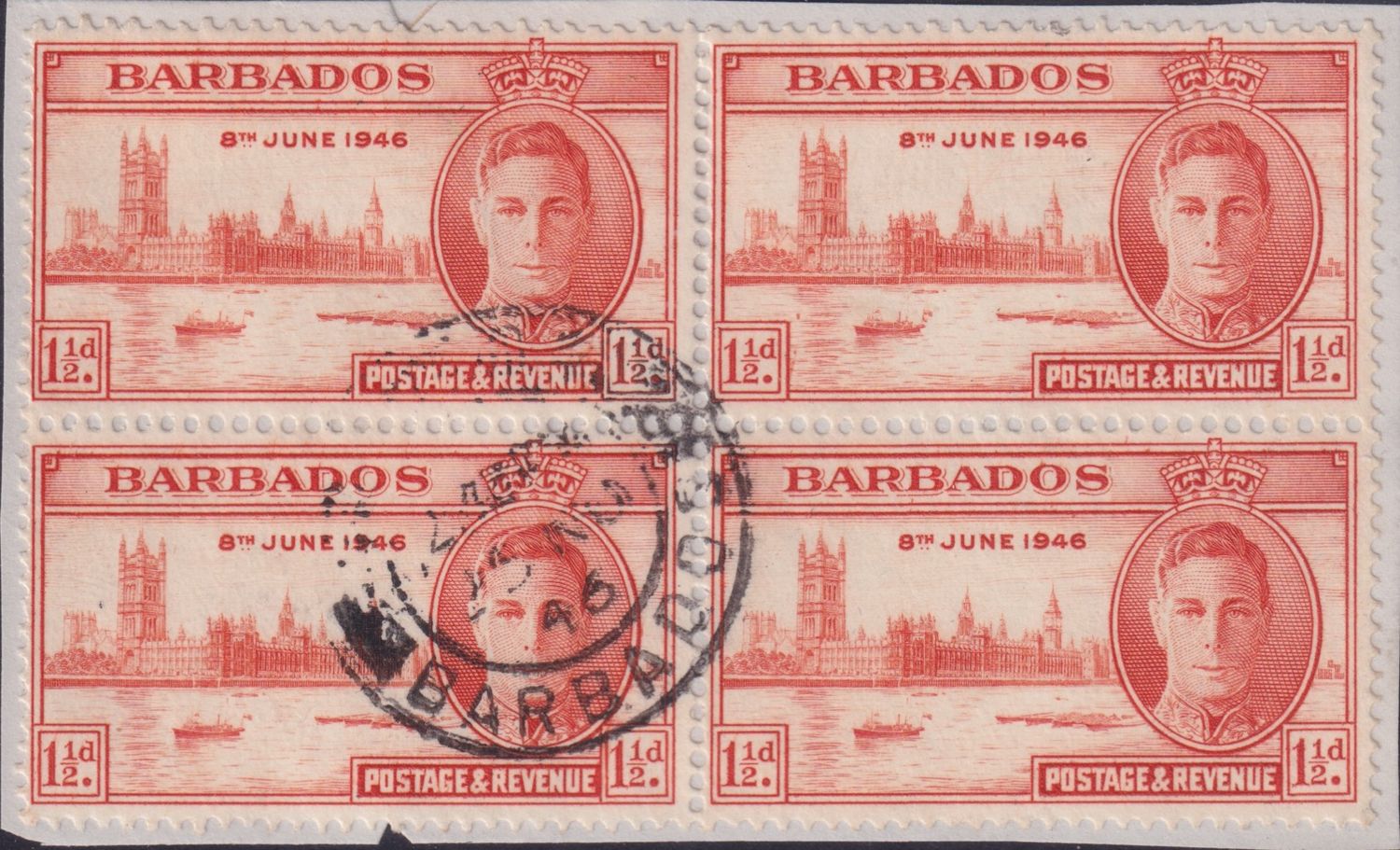 Barbados 1946 1½d Victory Block with Two Flags on Tug