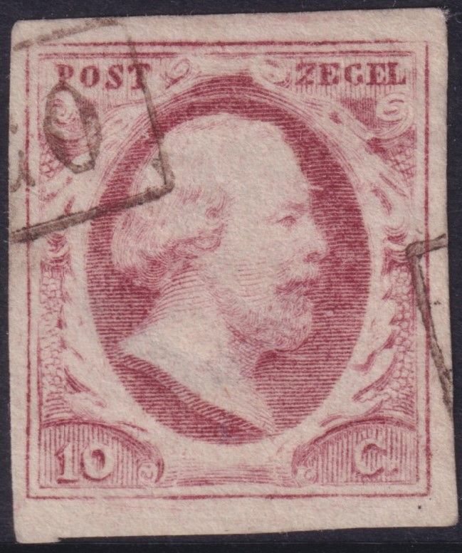 Netherlands 1852 10c Carmine-Pink Imperf with Horn on Forehead