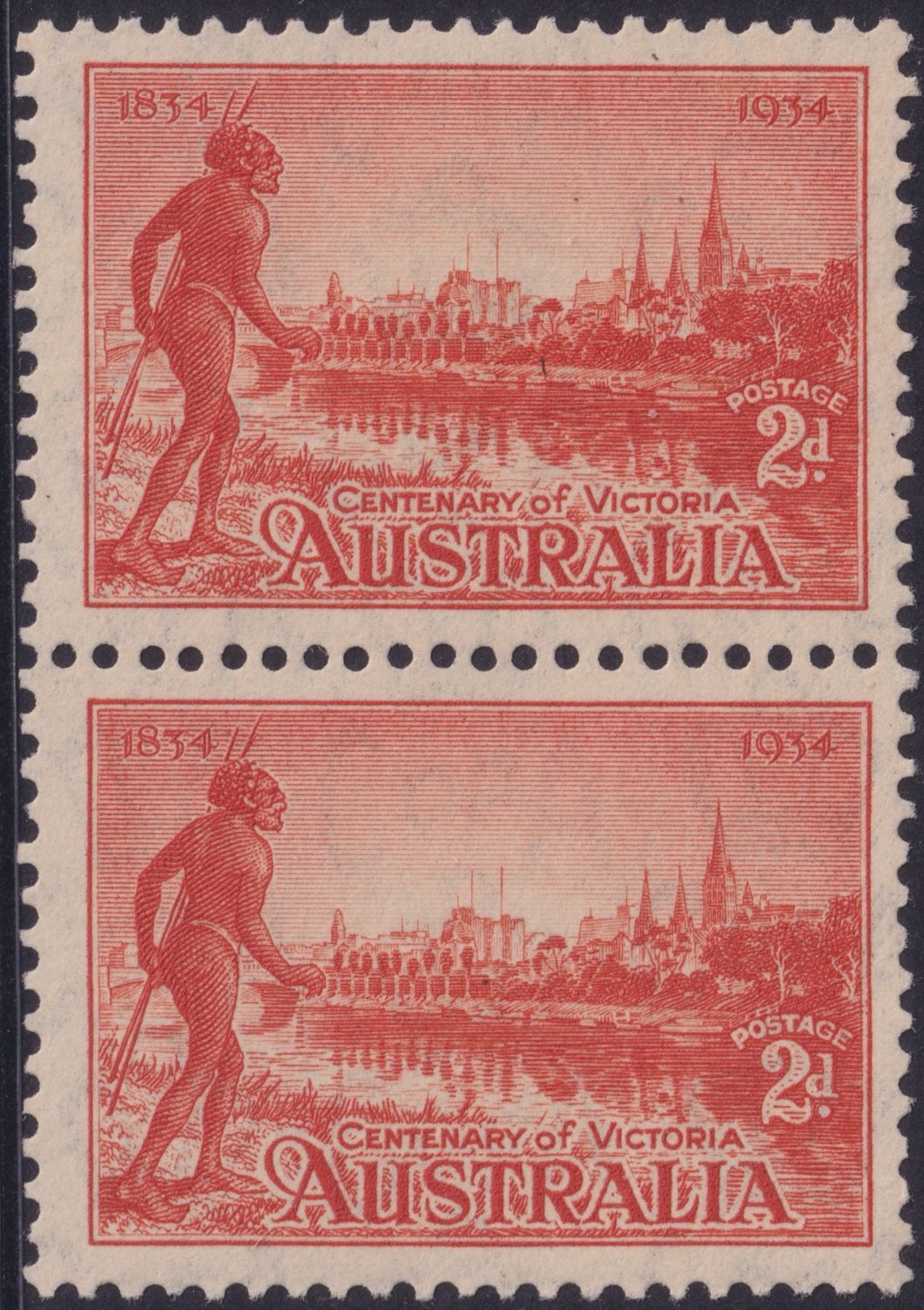 Australia 1934 2d Victorian Centenary Vertical Pair Perf 11½