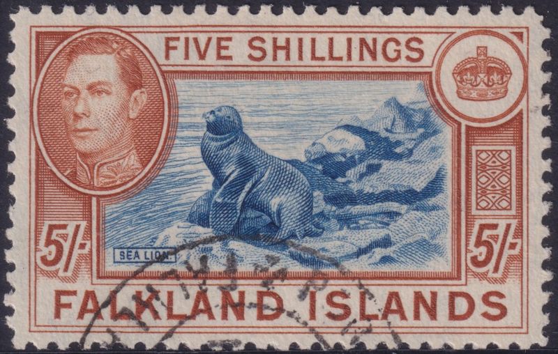 Falkland Islands 1944 5/- Indigo and Pale Yellow-Brown