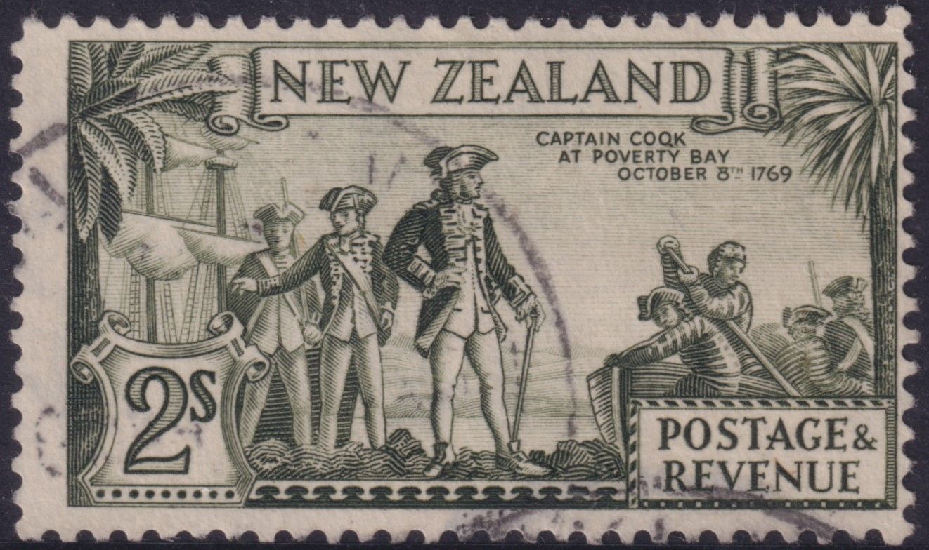 NZ 1935 2/- Captain Cook at Poverty bay with COQK Flaw