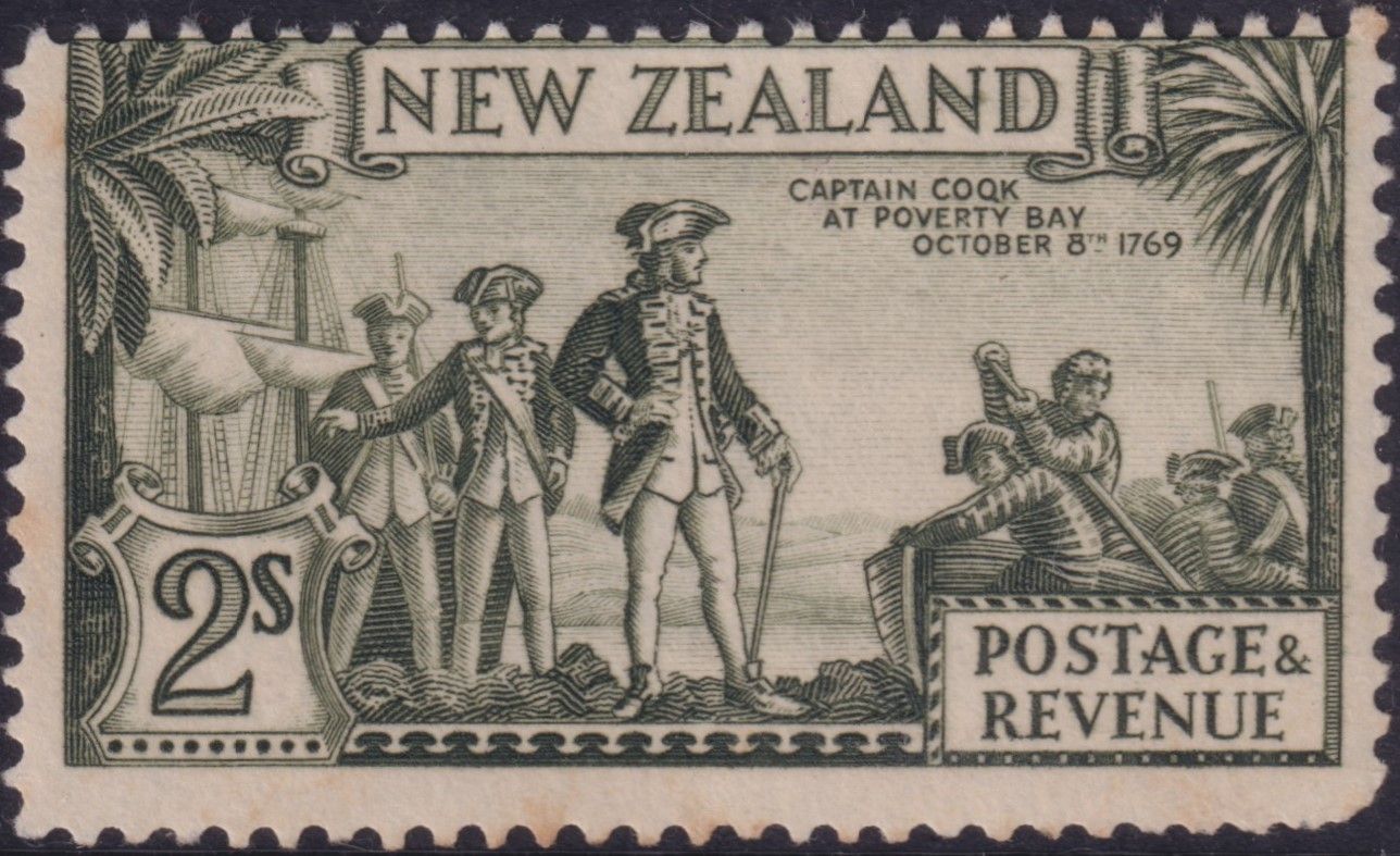 NZ 1935 2/- Captain Cook at Poverty bay with COQK Flaw