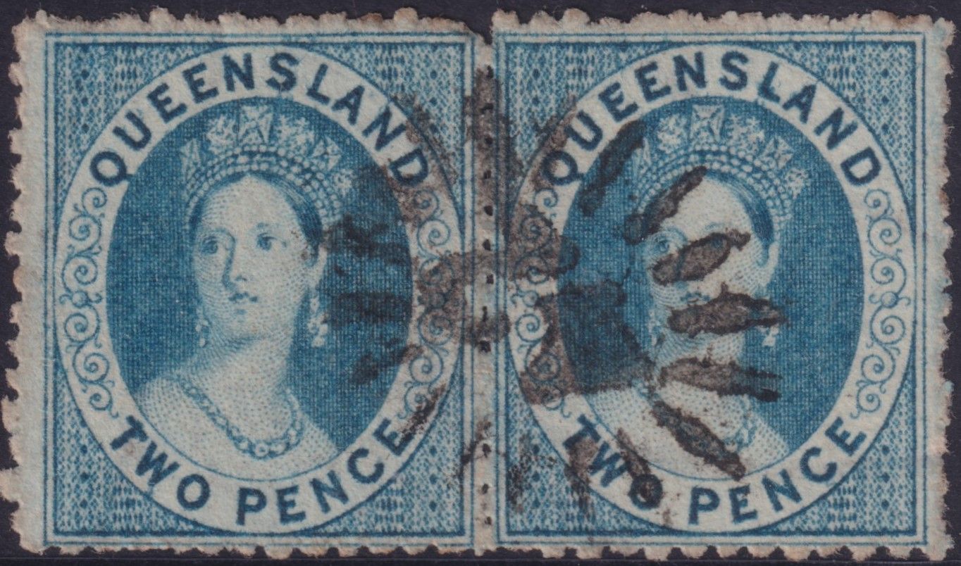 Queensland 1871 2d Blue Pair with Unknown RR Postmark