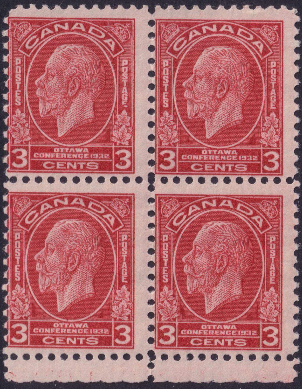 Canada 1932 3c Red Block of Four with Broken E Variety