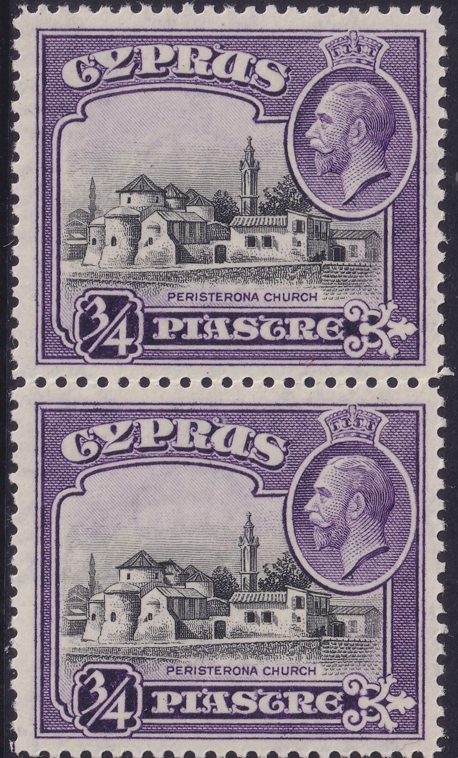 Cyprus 1934 ¾p Black and Violet Vertical Pair