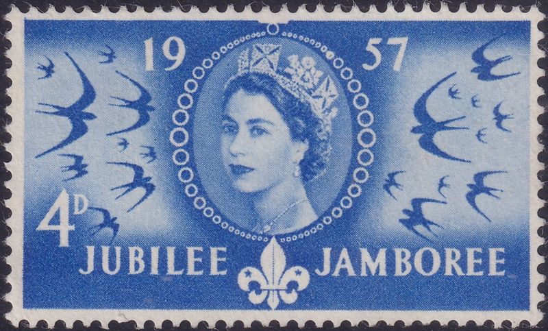 GB 1957 4d Blue Scout Jubilee Jamboree with Solid Pearl Flaw
