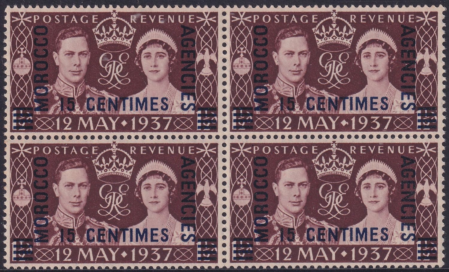 Morocco Agencies 1937 15c on 1½d Block with Comet Flaw
