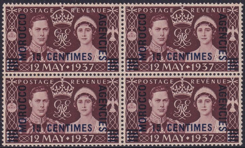 Morocco Agencies 1937 15c on 1½d Block with Comet Flaw