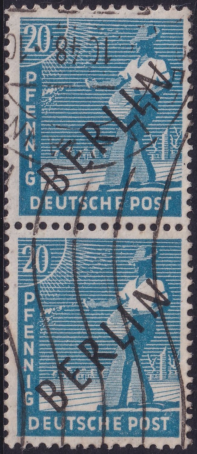 Berlin 1948 20pf Blue Vertical Pair with Black Overprint