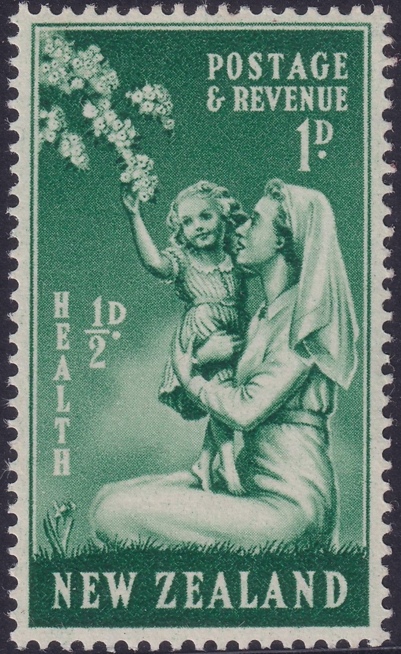 New Zealand 1949 1d+½d Green Health with Wristwatch Flaw