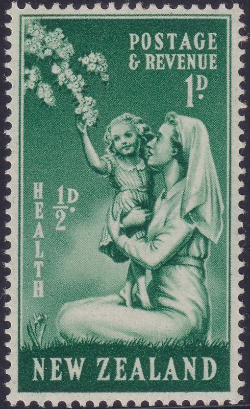New Zealand 1949 1d+½d Green Health with Wristwatch Flaw
