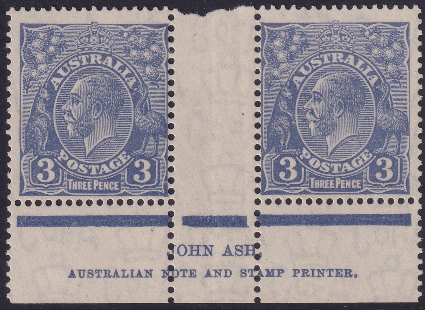 Australia 1932 3d Ultramarine Imprint Pair with Flaw Below Kangaroos Paw