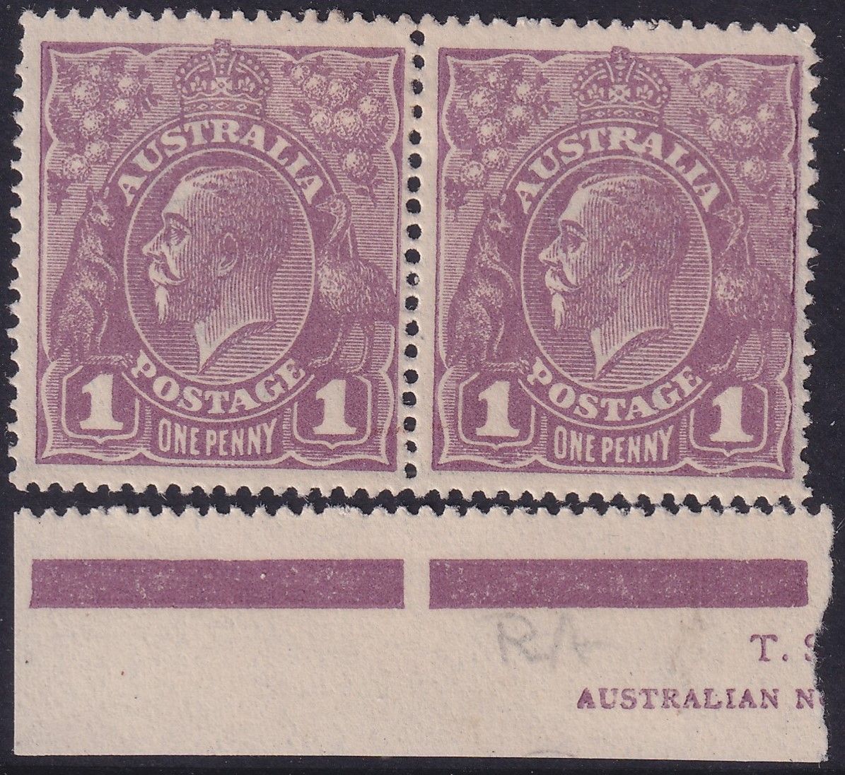 Australia 1922 1d Violet Imprint Pair with RA Joined Variety