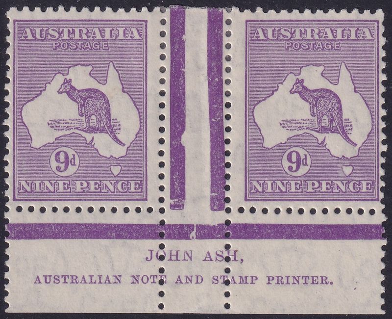 Australia 1932 9d Violet Kangaroo Imprint Pair