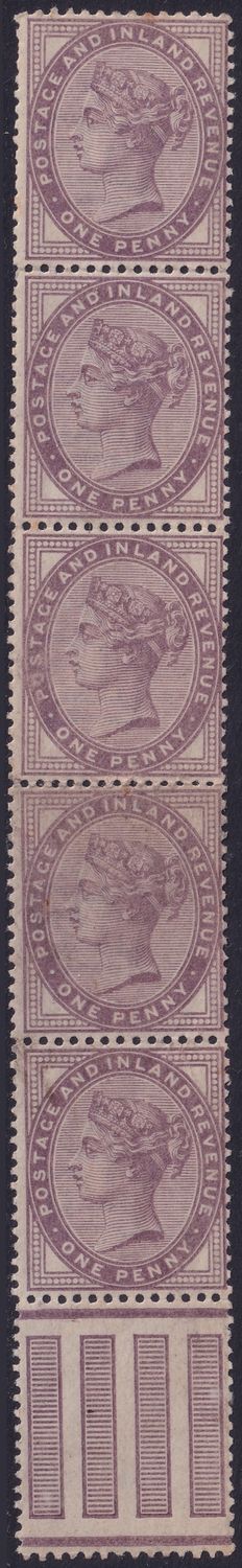 GB 1881 1d Lilac Strip of Five with Margin